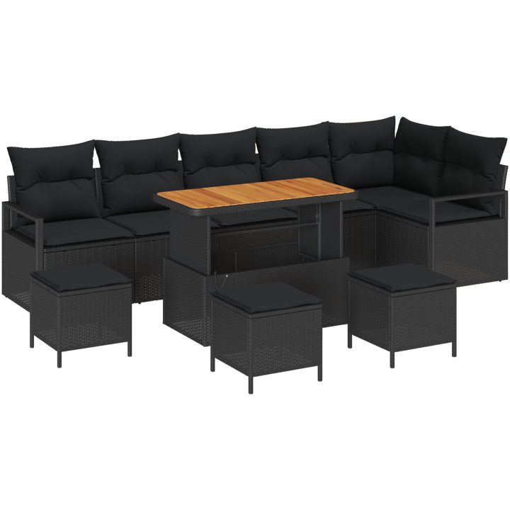 10-delat trädgårdsoff-set med kuddar svart poly rattan akacia vidaXL Stor – bild 2