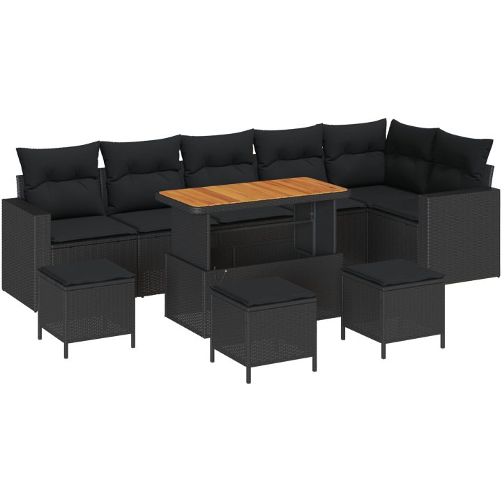 10-delat trädgårdsoff set med kuddar svart poly rattan akacia vidaXL Stor – bild 2