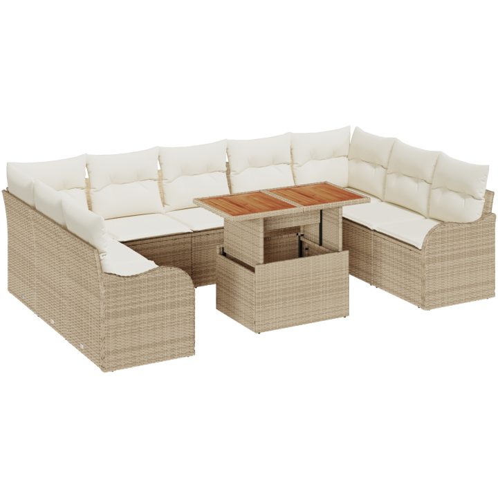 10-delat Trädgårdsoffaset med Dynor Beige Poly Rottak Acacia vidaXL Stor – bild 2