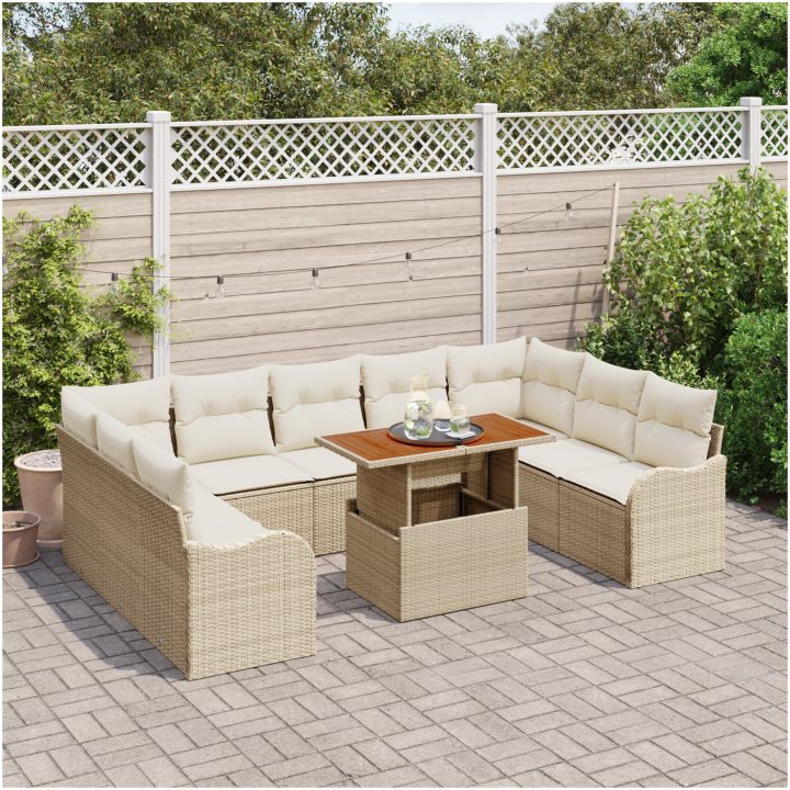 10-delat Trädgårdsoffaset med Dynor Beige Poly Rottak Acacia vidaXL Stor – bild 3