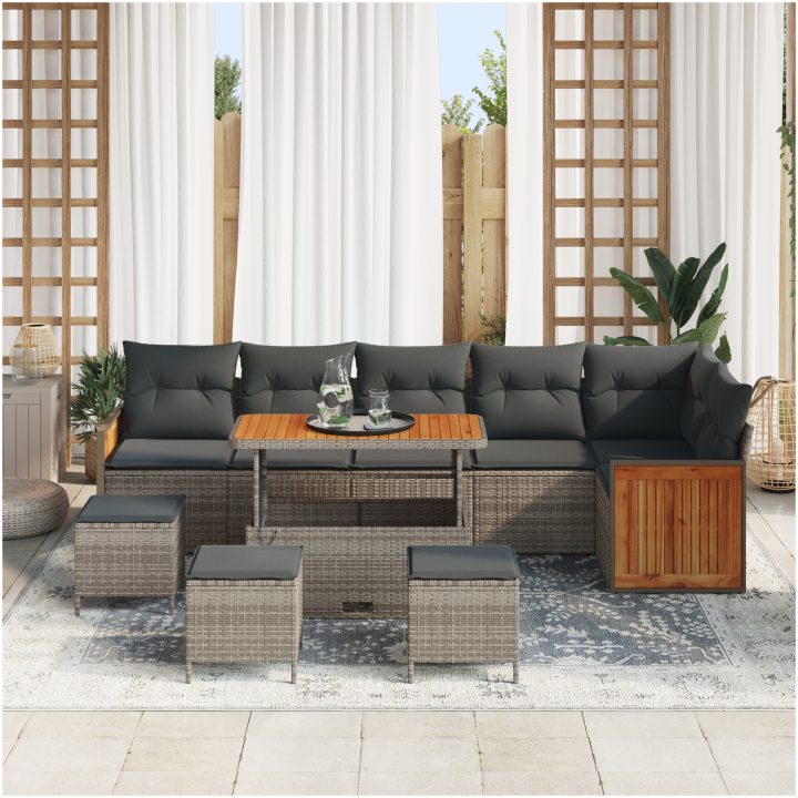 10-delat trädgårdsoffaset med kuddar grå poly rattan akaciaträ vidaXL Medium – bild 3