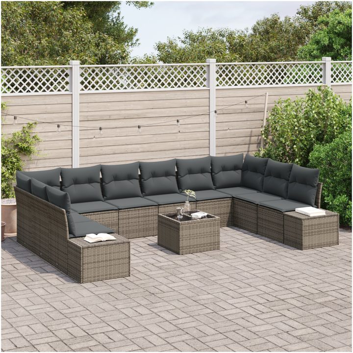 10-delat Trädgårdsoffaset med Kuddar Svart Poly Rattan vidaXL 55 x 55 x 37 cm – bild 3