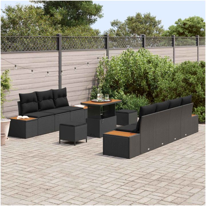 10-delat trädgårdsoffasett med dynor, svart poly rattan vidaXL Stor – bild 3