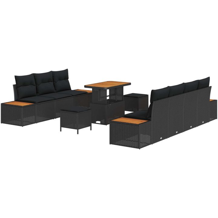 10-delat trädgårdsoffasett med dynor, svart poly rattan vidaXL Stor – bild 4