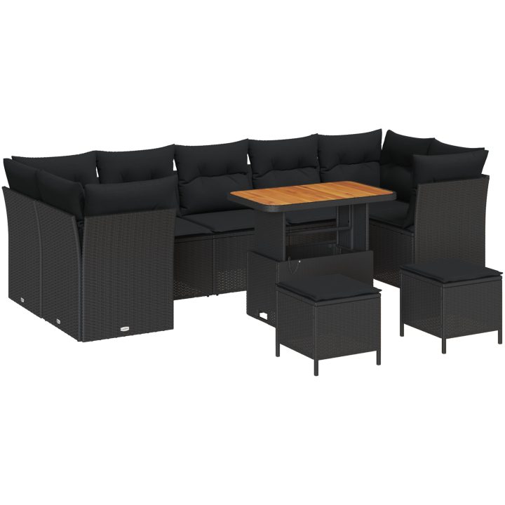10-delat trädgårdsoffasett med kuddar Svart Poly rattan Akacia vidaXL Medium – bild 2