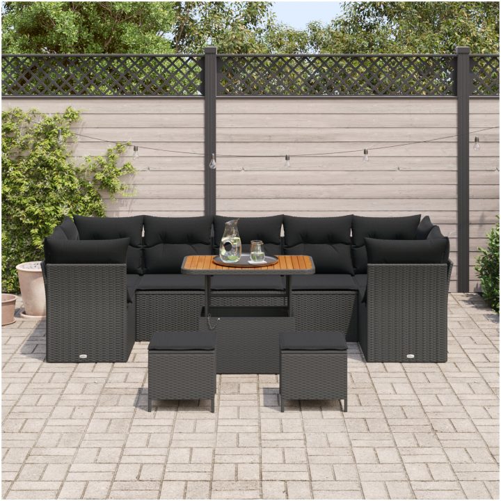 10-delat trädgårdsoffasett med kuddar Svart Poly rattan Akacia vidaXL Medium – bild 3