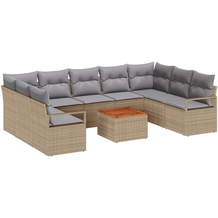 10-delat Trädgårdsoffset med kuddar Beige Poly Rattan Akacia vidaXL Stor – bild 2