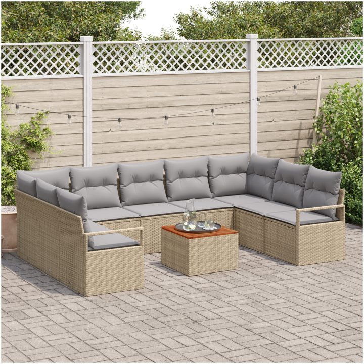 10-delat Trädgårdsoffset med kuddar Beige Poly Rattan Akacia vidaXL Stor – bild 3