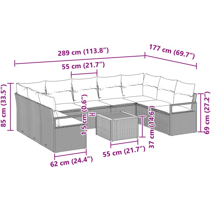 10-delat Trädgårdsoffset med kuddar Beige Poly Rattan Akacia vidaXL Stor – bild 9