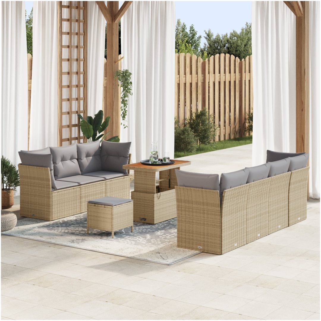 10-delat trädgårdsoffset med kuddar Beige Poly Rotting Akacia vidaXL Medium