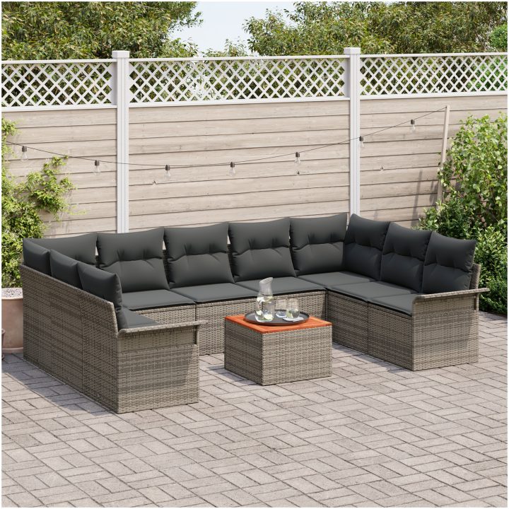 10-delat Trädgårdsoffset med Kuddar Grå Poly Rattan Akacia vidaXL 55 x 55 x 37 cm – bild 3