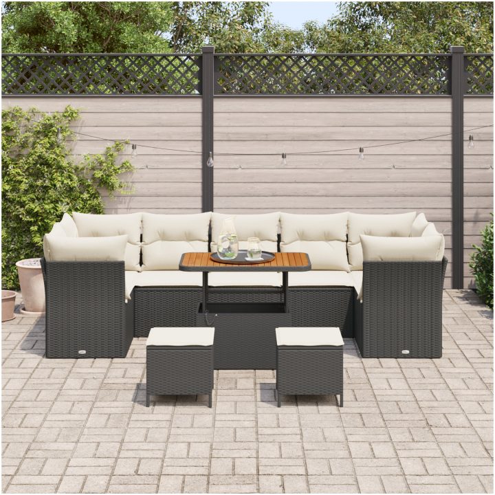 10-delat trädgårdsoffset med kuddar svart polyrotting akacia vidaXL Stor – bild 3