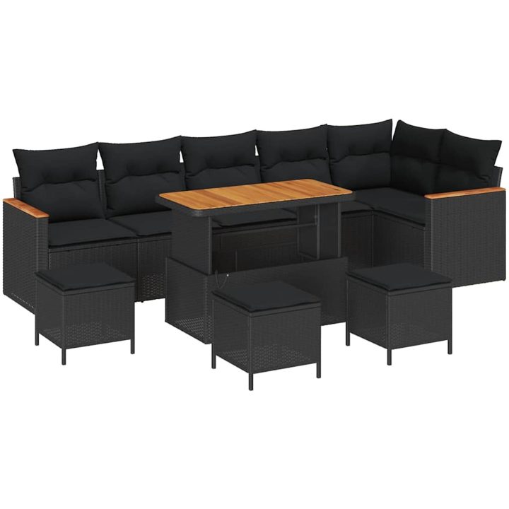 10-delat trädgårdssofa set med kuddar svart poly rattan akacia vidaXL Stor – bild 2