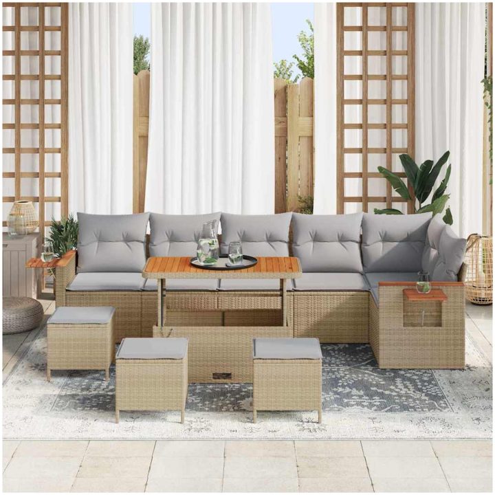 10-delat trädgårdssoffset med kuddar beige poly rattan acacia vidaXL Stor – bild 3