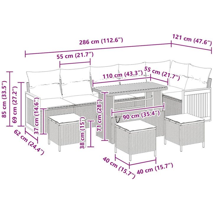 10-delat Trädgårdssoffset med Kuddar Beige Poly Rattan Akacia vidaXL Stor – bild 4