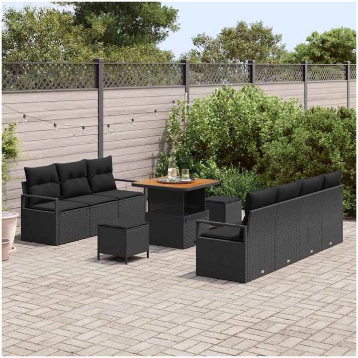 10-dels trädgårdsmöbelset med kuddar Svart Poly Rattan Akacia vidaXL Stor – bild 3