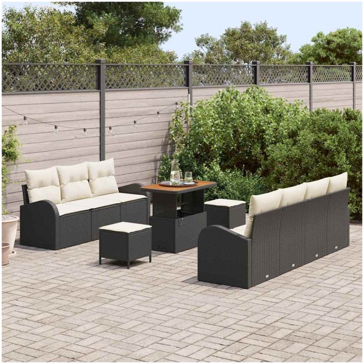 10-dels Trädgårdsofa Set med Kuddar Svart Poly Rattan Akacia vidaXL Standard – bild 3
