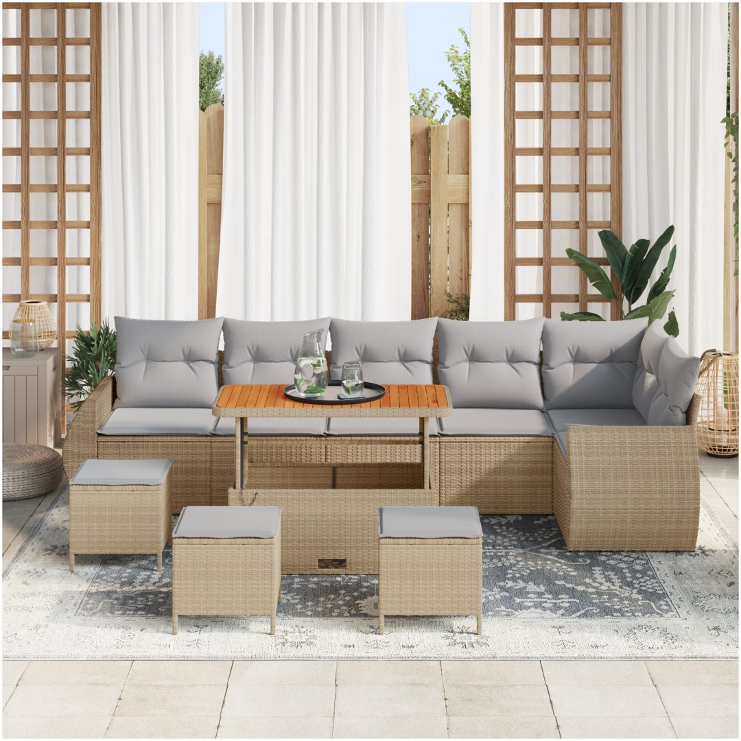 10-Dels Trädgårdsoff Set med Kuddar Beige Polyrotting Akacia vidaXL Stor – bild 3