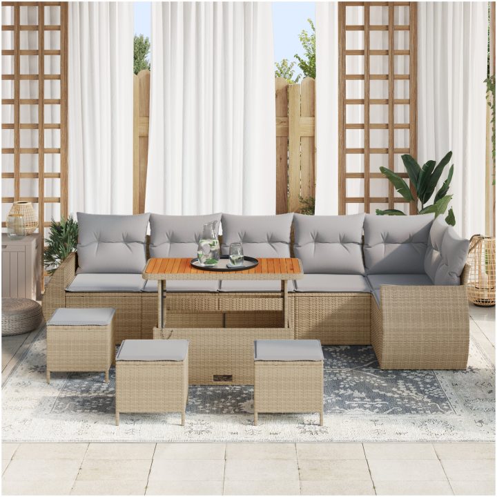 10-Dels Trädgårdsoff Set med Kuddar Beige Polyrotting Akacia vidaXL Stor – bild 3