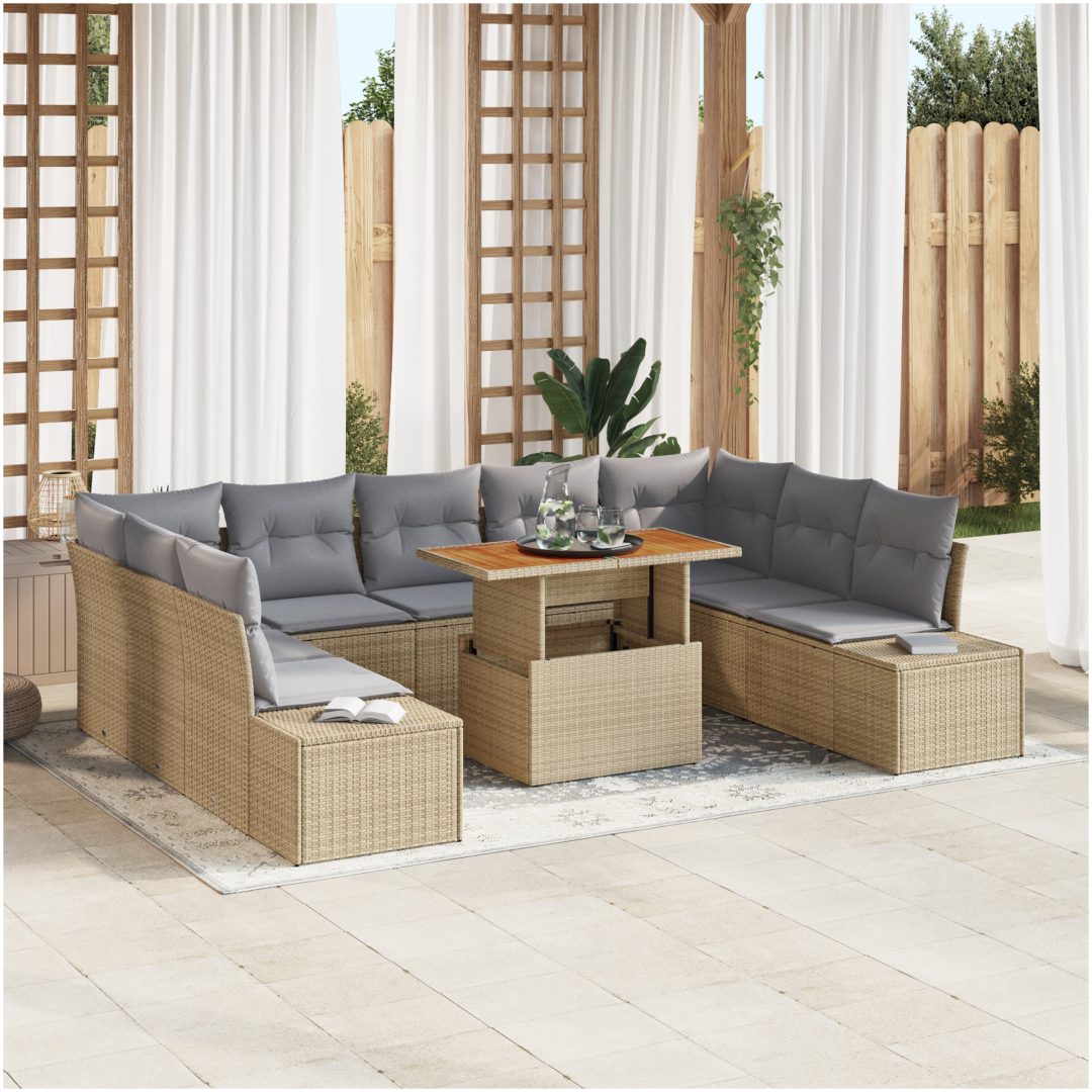 10-dels trädgårdsoff set med kuddar i beige polyrotting vidaXL 100 x 55 x 73 cm