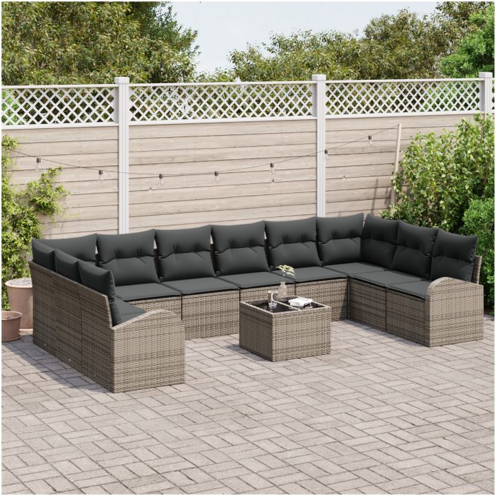 10-dels trädgårdsoff set med kuddar svart poly rattan vidaXL Stor – bild 3