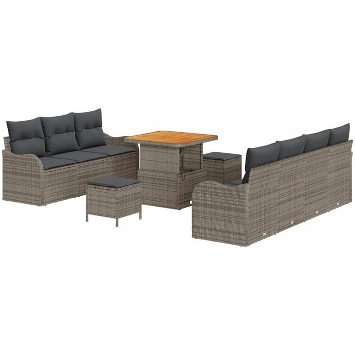 10 Piece Trädgårdsoff-set med kuddar Grå Poly Rattan Akacia vidaXL Medium – bild 2