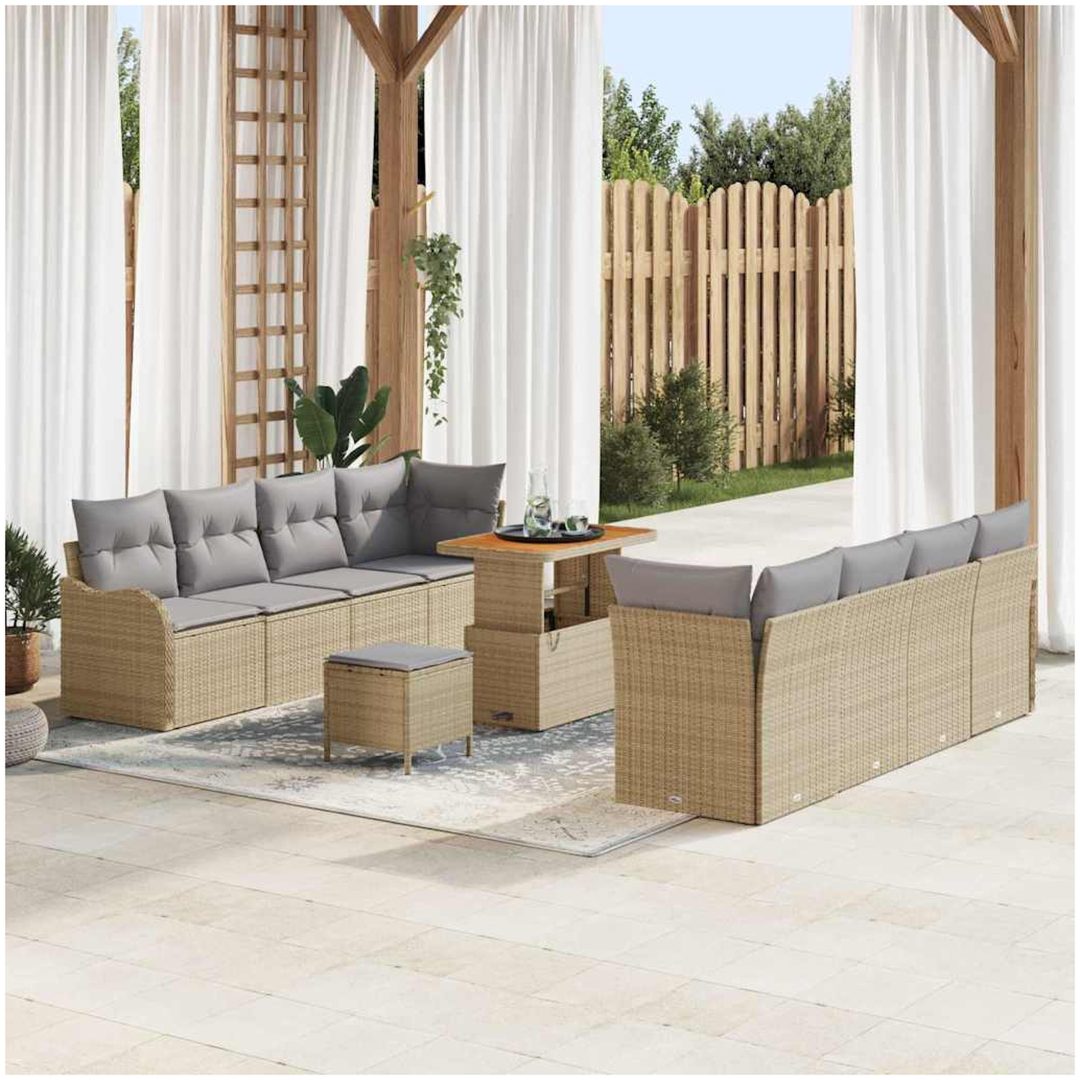 11-bitars trädgårdsoff set med kuddar Beige poly rotting Acacia vidaXL Stor