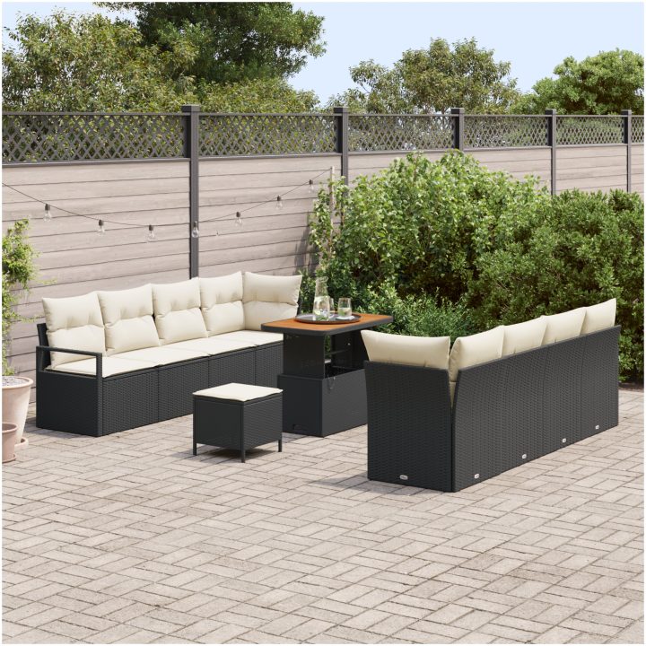 11 Dela Trädgårdsoffas Set med Kuddar Svart Poly Rattan Akacia vidaXL Stor – bild 3