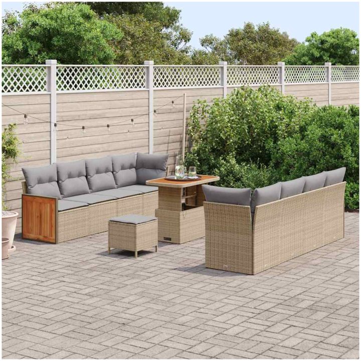 11-delad Trädgårdsoffagrupp Med Kuddar Beige Poly Rattan Akacia vidaXL Medium – bild 3