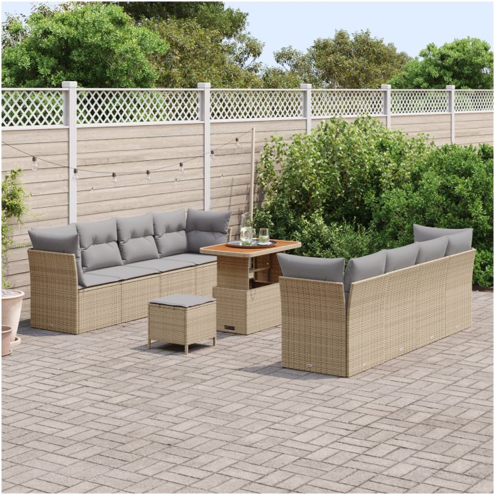 11-delad trädgårdsoffaset med kuddar beige poly rattan akacia vidaXL Stor – bild 3