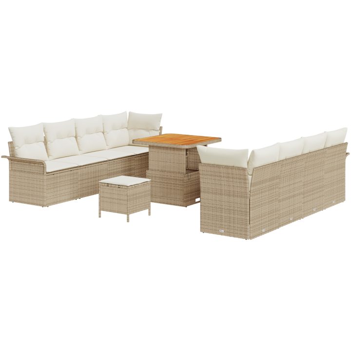 11-delad trädgårdsoffasett med kuddar beige poly rotting akacia vidaXL Stor – bild 2
