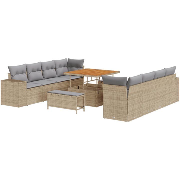 11-delad trädgårdsoffgrupp med kuddar Beige Poly Rattan Akacia vidaXL Stor – bild 2