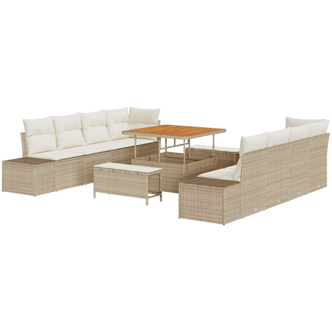 11-delad trädgårdssoffa med kuddar, Beige Poly Rattan & Akacia vidaXL Stor – bild 2