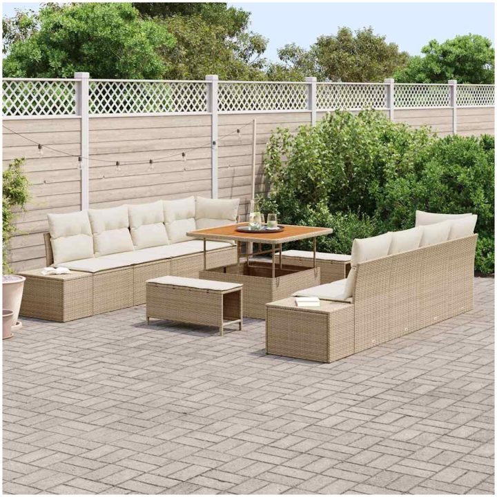 11-delad trädgårdssoffa med kuddar, Beige Poly Rattan & Akacia vidaXL Stor – bild 3