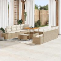 11-delad trädgårdssoffa med kuddar, Beige Poly Rattan & Akacia vidaXL