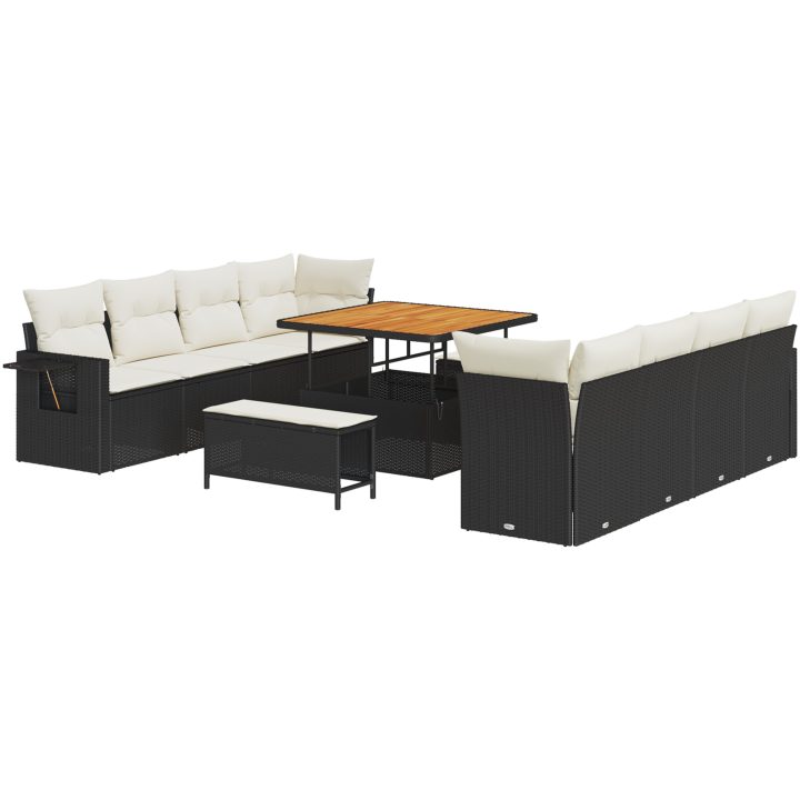 11-delad Trädgårdssoffa Set med Kuddar Svart Poly Rattan Acacia vidaXL Stor – bild 2