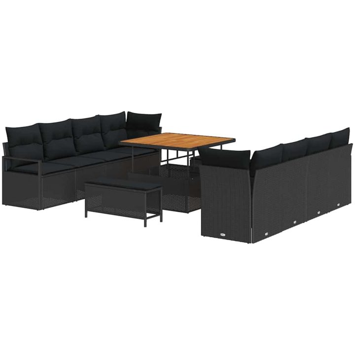 11-delad Trädgårdssoffa Set med Kuddar Svart Poly Rattan Akacia vidaXL Stor – bild 2