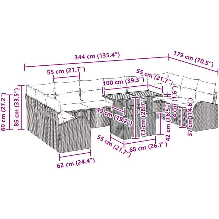 11 Delar Trädgårdsdining Set med Kuddar Svart Poly Rottning Akacia vidaXL 100 x 55 x 73 cm – bild 11