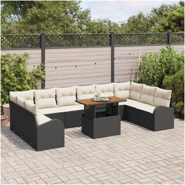 11 Delar Trädgårdsdining Set med Kuddar Svart Poly Rottning Akacia vidaXL 100 x 55 x 73 cm – bild 3