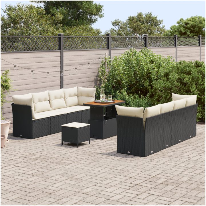 11 delar trädgårdsofa set med kuddar svart poly rattan akacia vidaXL Stor – bild 3