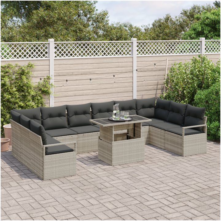 11 Delar Trädgårdsoff Set med Kuddar Ljusgrå Poly Rattan vidaXL Stor – bild 3