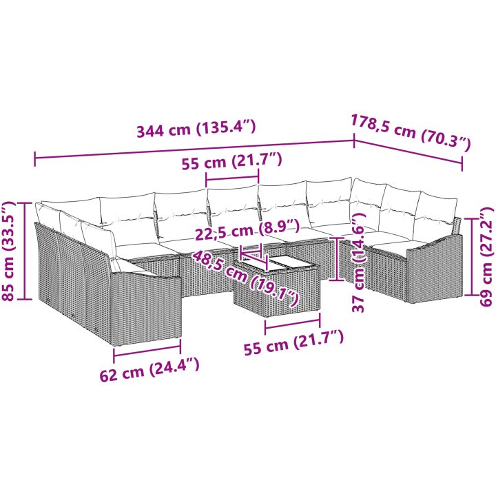 11 Delar Trädgårdsoffaset med Kuddar Svart Poly-rotting vidaXL 344 x 178,5 x 85 cm – bild 9