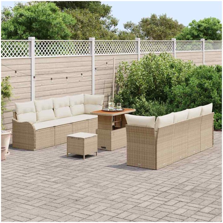 11 Delar Trädgårdsoffset med Kuddar Beige Poly Rattan Akacia vidaXL Medium – bild 3