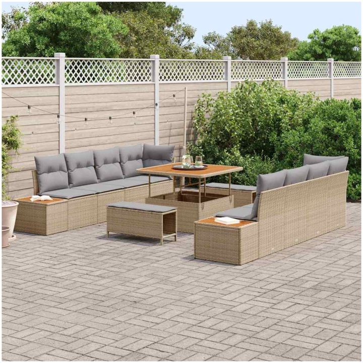 11 Delar Trädgårdsoffset med Kuddar Beige Poly Rotting Akacia vidaXL Stor – bild 3