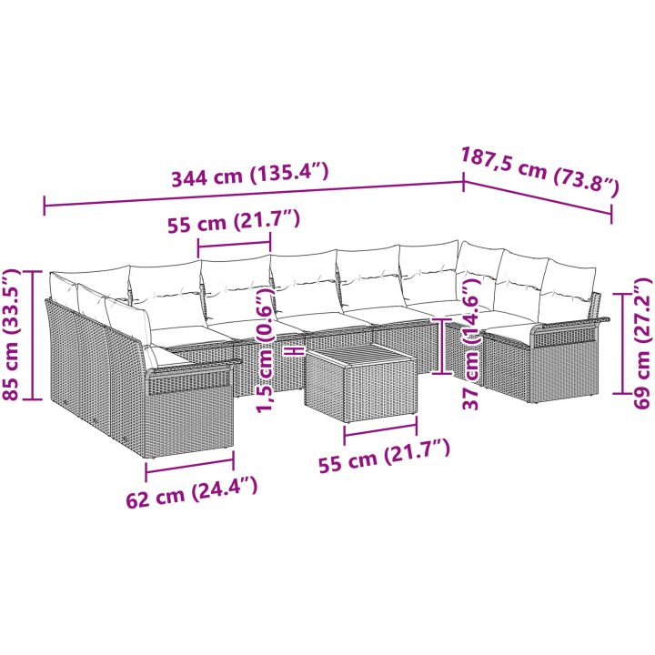 11 Delar Trädgårdsoffuppsättning med Kuddar Grå Poly Rattan Akacia vidaXL 55 x 55 x 37 cm – bild 9