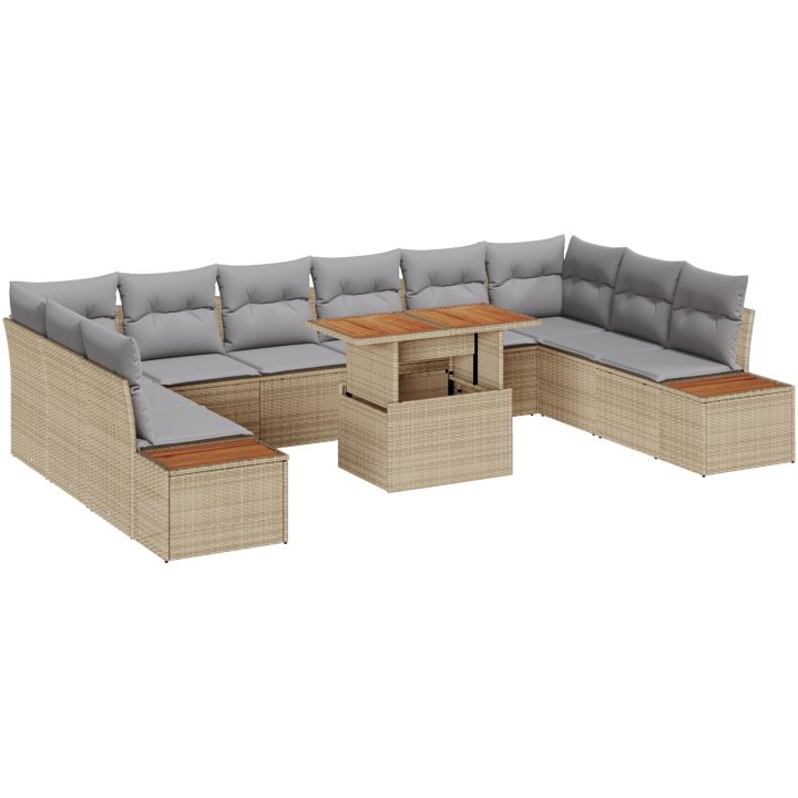 11-delars trädgårdsmöbelset med beige kuddar i polyrotting och akacia vidaXL 100 x 55 x 73 cm – bild 2