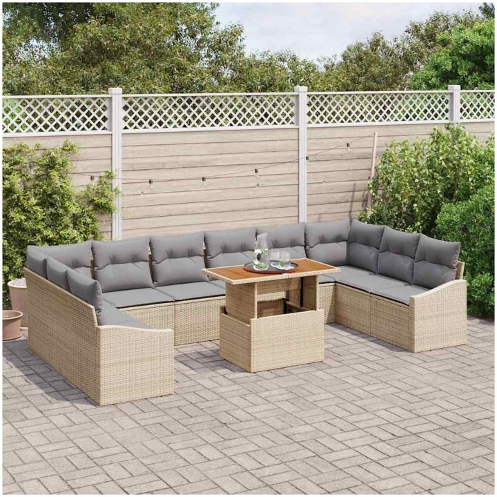 11-delars trädgårdsmöbelset med kuddar - Beige i Poly Rattan och Akacia vidaXL 100 x 55 x 73 cm – bild 3