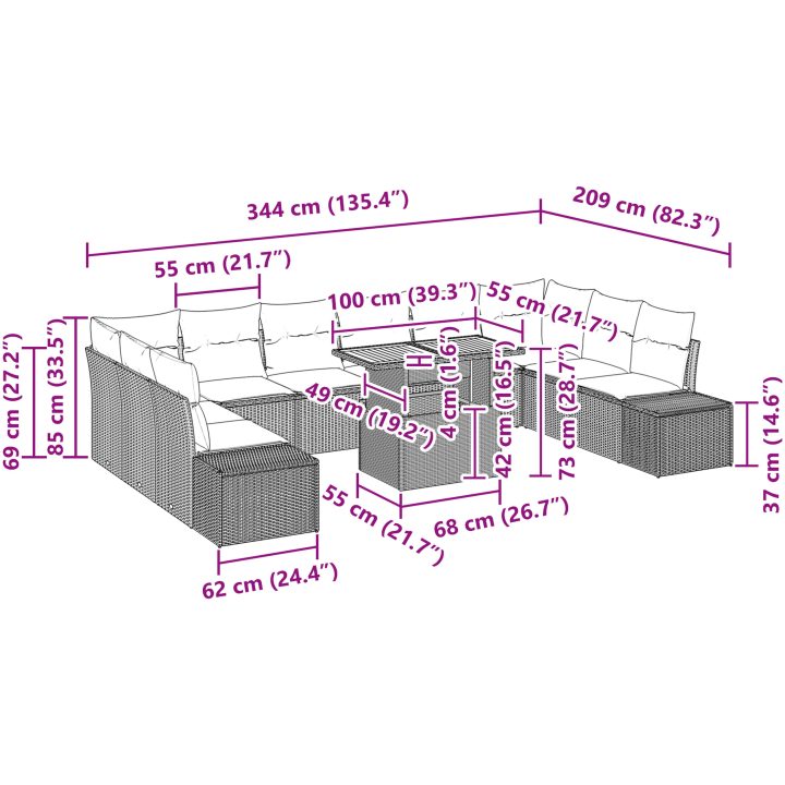 11-delars trädgårdsmöbelset med kuddar, grå poly rattan och akacia. vidaXL 100 x 55 x 73 cm – bild 11