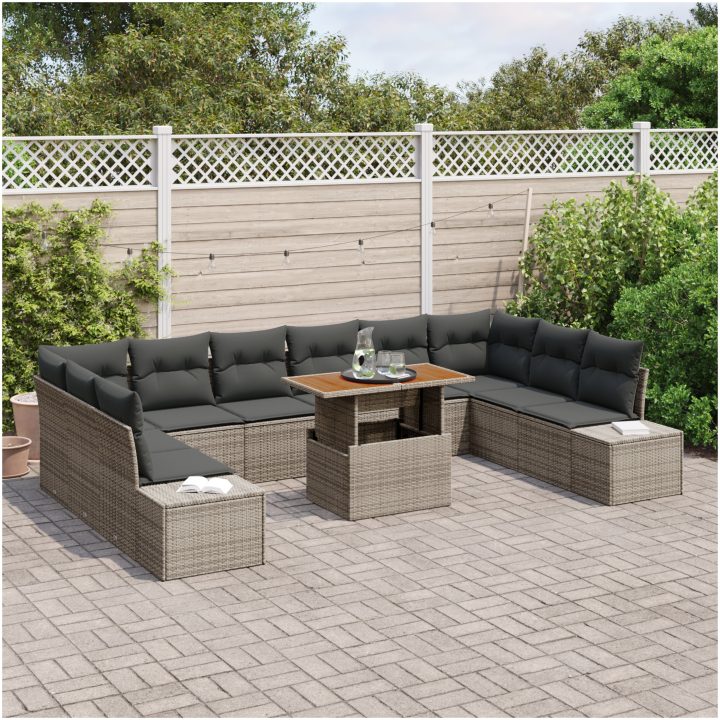 11-delars trädgårdsmöbelset med kuddar, grå poly rattan och akacia. vidaXL 100 x 55 x 73 cm – bild 3