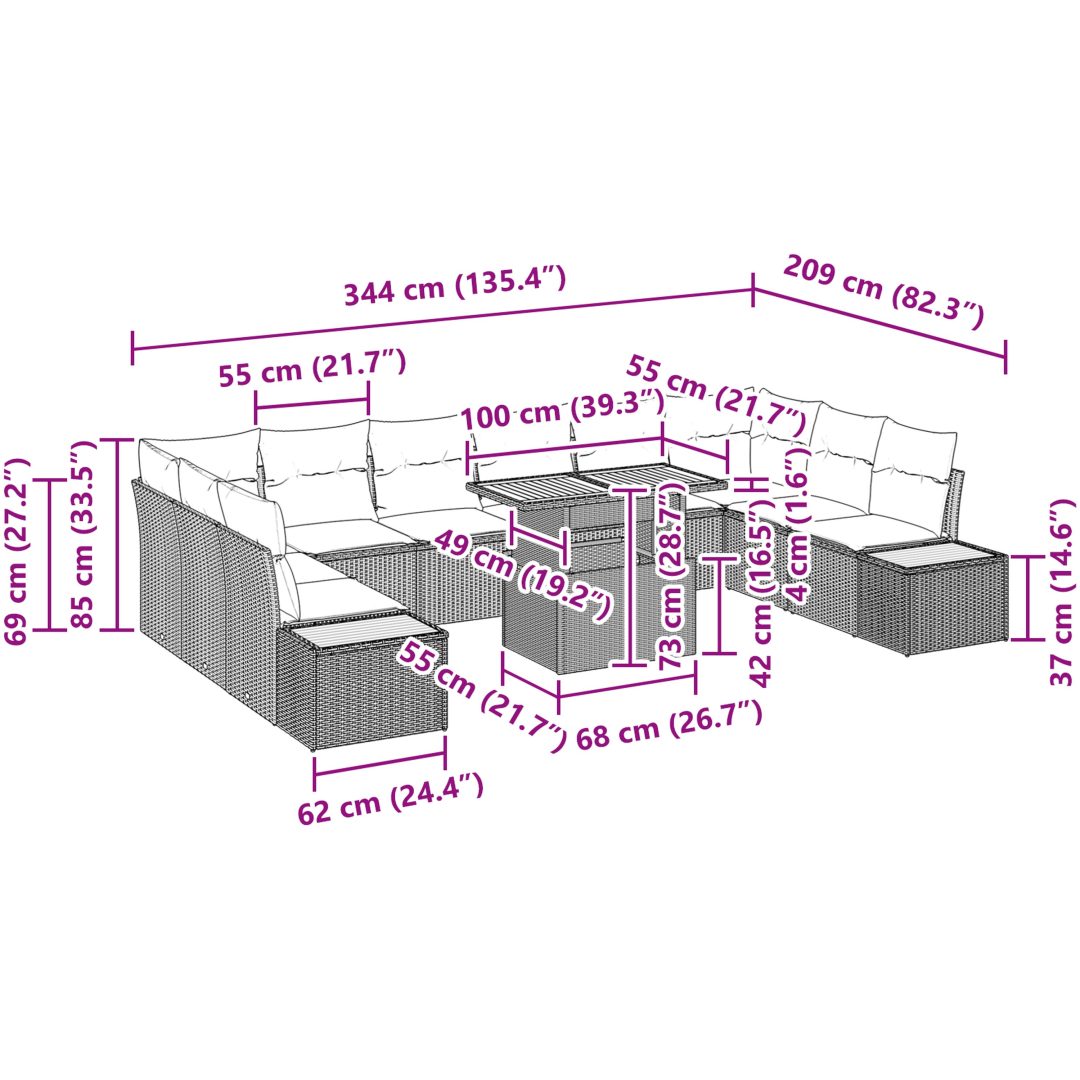 11-delars trädgårdsmöbelset med kuddar, grå poly-rattan och akacia. vidaXL 100 x 55 x 73 cm – bild 11